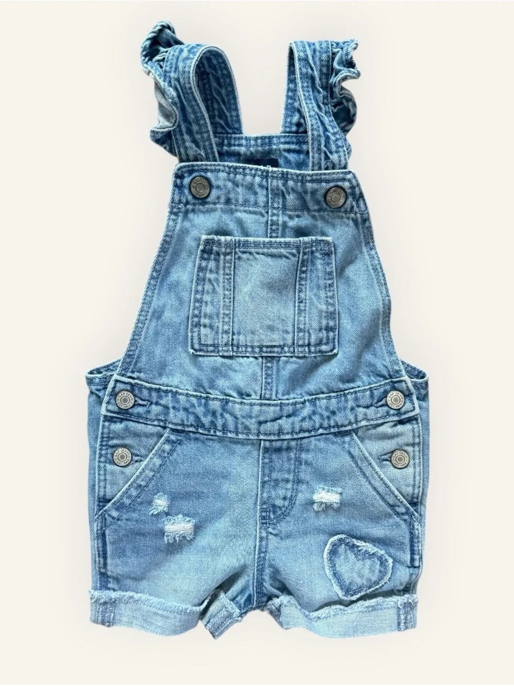 GAP Denim Distressed Girls Overalls Ruffle Straps Heart Patch Size 18-24 Months
